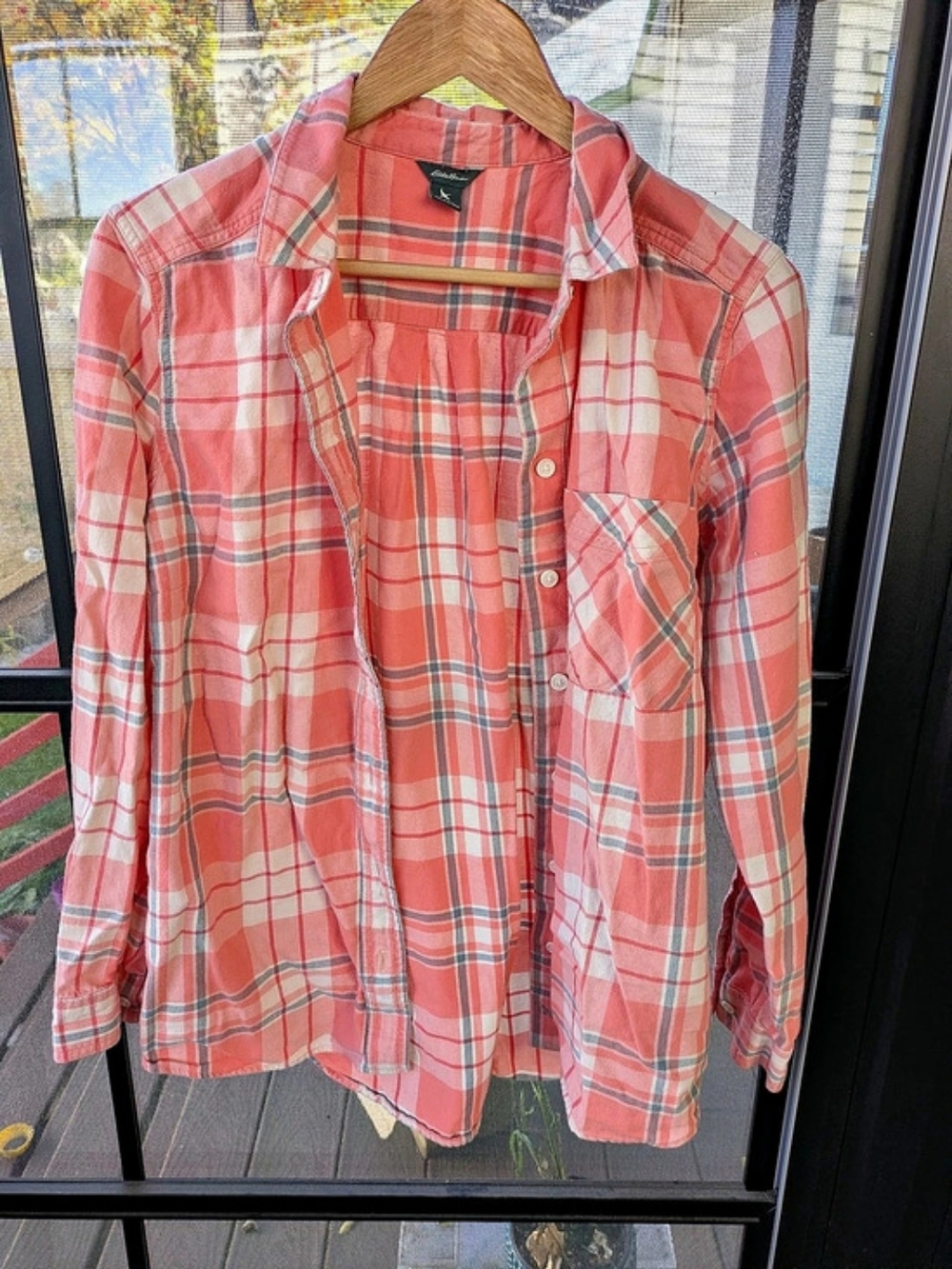 Eddie Bauer L Coral Pink Plaid Shirt